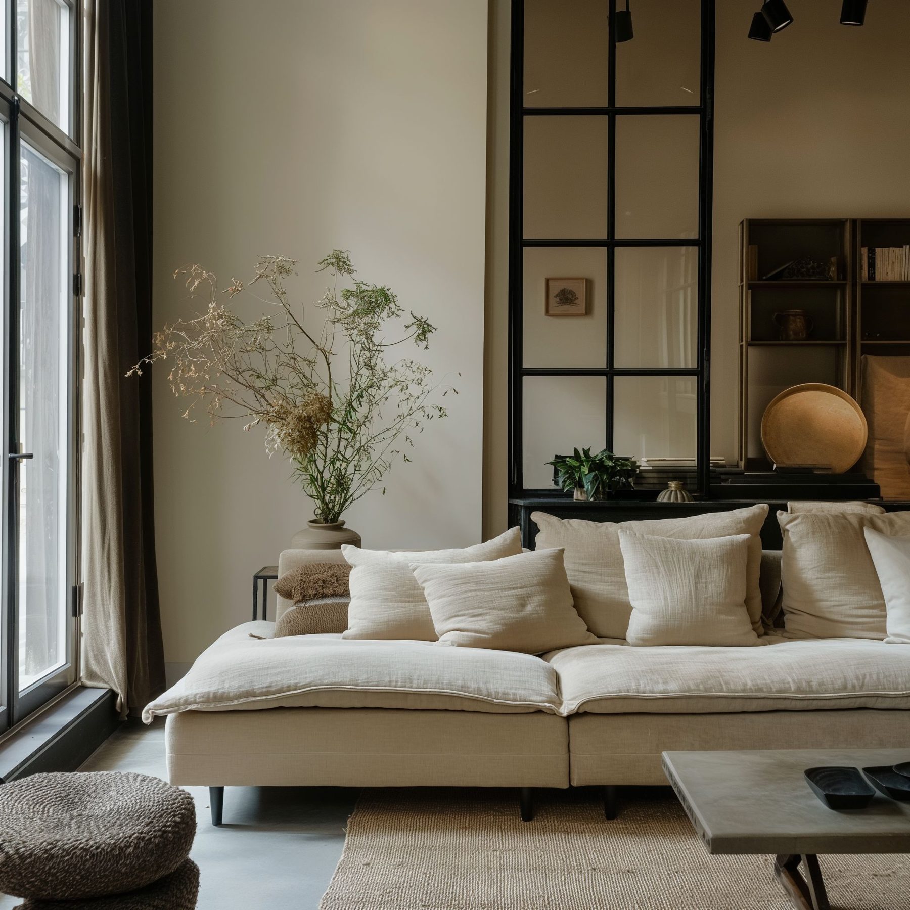 Warme woonkamer met een crèmekleurige bank